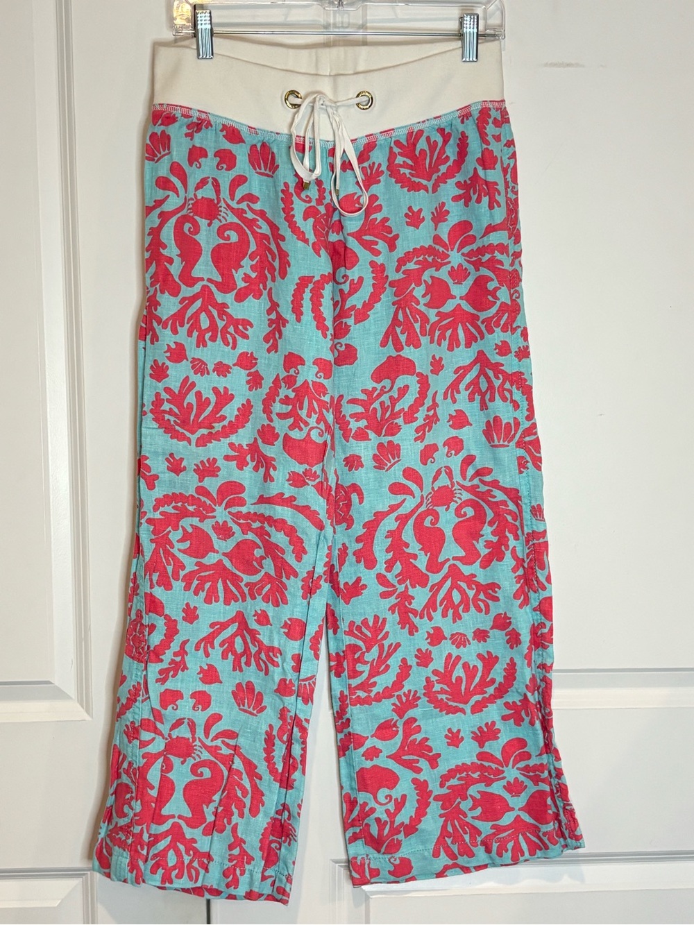 Lilly Pulitzer The Beach Pant Don't Be Shellfish Linen Aqua Coral M - Picture 1 of 8
